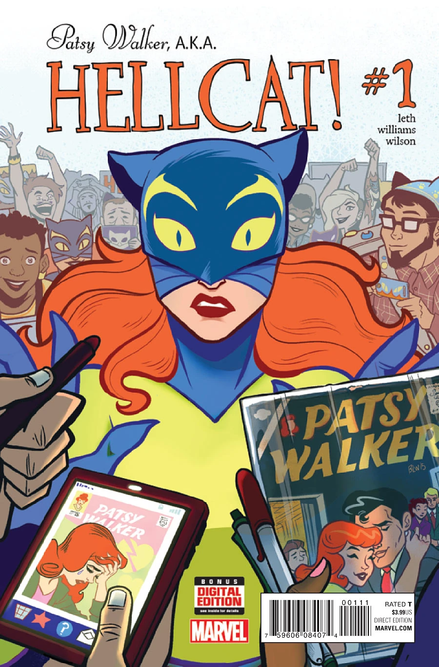 Portada de Patsy Walker a.k.a. Hellcat! en la que vemos a Patsy con cara de extrañeza y sorpresa, rodeada de un montón de personas  con cómics de la serie original, disfrazados o con mercha. En un estilo cercano a ese indie de la animación independiente USA de la época.