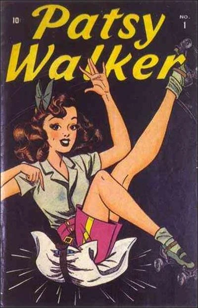 Portada de  Patsy Wlaker 1 en la que vemos a una juvenil Patsy Walker, está cayendo a un teórico suelo -porque todo el fondo es azul oscuro- lleva un lazo en el pelo -que es lo que nos indica que es una mujer y no Pac-Man-, una camisa de manga corta y unos pantaloncitos rosas con raya amarilla, tiene una largas y esbeltas piernas , que rematan en unos pies con patines. Está sonriendo, mientras levanta una mano y con a otra apunta hacia el suelo. Para que veamos que debajo del pantalón lleva una almohada atada con un cinturón. Porque en los años cuarenta lo de los culos en las portadas funcionaba de forma distinta.