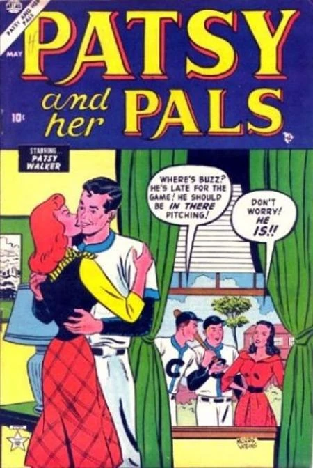 Portada de Patsy and her Pals en la que vemos a Patsy dentro de una casa, besándose con Buzz -el moreno de siempre- que va vestido de jugador de baseball. Por la ventana de la casa vemos a otros dos jugadores de baseball, están hablando con Hedy. Ellos dicen: 

Where's Buzz? He's late for the game! He should be IN THERE pitching!

Y ella, mirando a la parejita por la ventana, responde:

Don't worry! HE IS!!