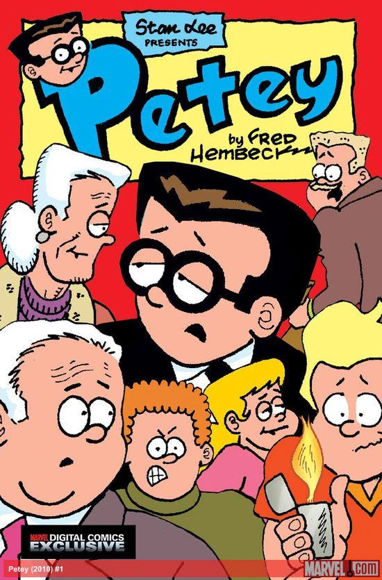 Portada de Petey en la que vemos una serie de caras de personas humanas, con Peter Parker en el centro, en un estilo que casi parece una parodia de Hembeck de las portadas del cómic independiente americano de principios de los '00s.