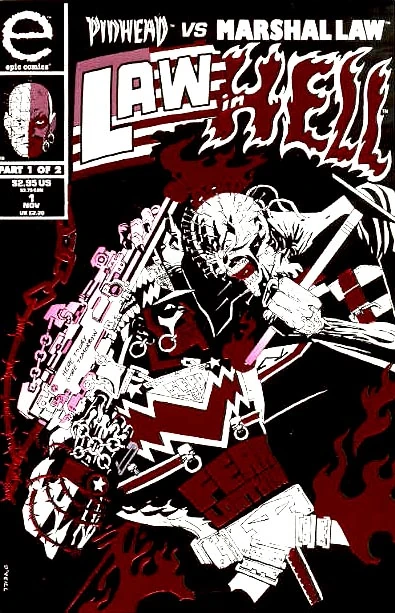 Portada de Pinhead vs Marshal Law: LawHell en la que vemos... bueno... la verdad es que no se ve mucho porque usan una tinta metálica roja complicada de ver. Pero vamos a asumir que lo que vemos es a Marshal Law con un pistolón pegándose con Pinhead con lo que parece que es... una de esas cosas para lavar los cristales de los coches... es posible que esté perdiendo algún matiz, bien es cierto. Pero en lo esencial es eso. Bueno, eso y muchas cadenas y muchas tachuelas.