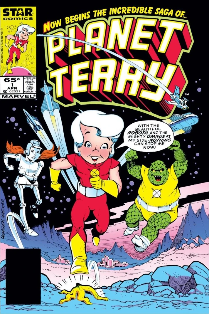 Portada de Planet Terry en la que vemos al joven Terry -con pelo blanco, un traje rojo sin mangas y guantes amarillos- corriendo hacia el lector. De fondo hay un robot con pelo rojo -mejor no preguntéis- y un alienígena gordo, verde y con escamas, como una chirimoya del espacio. Y para que veas que es de 'humor' han puesto un peladura de plátano en la parte inferior, hacia donde está corriendo Terry.