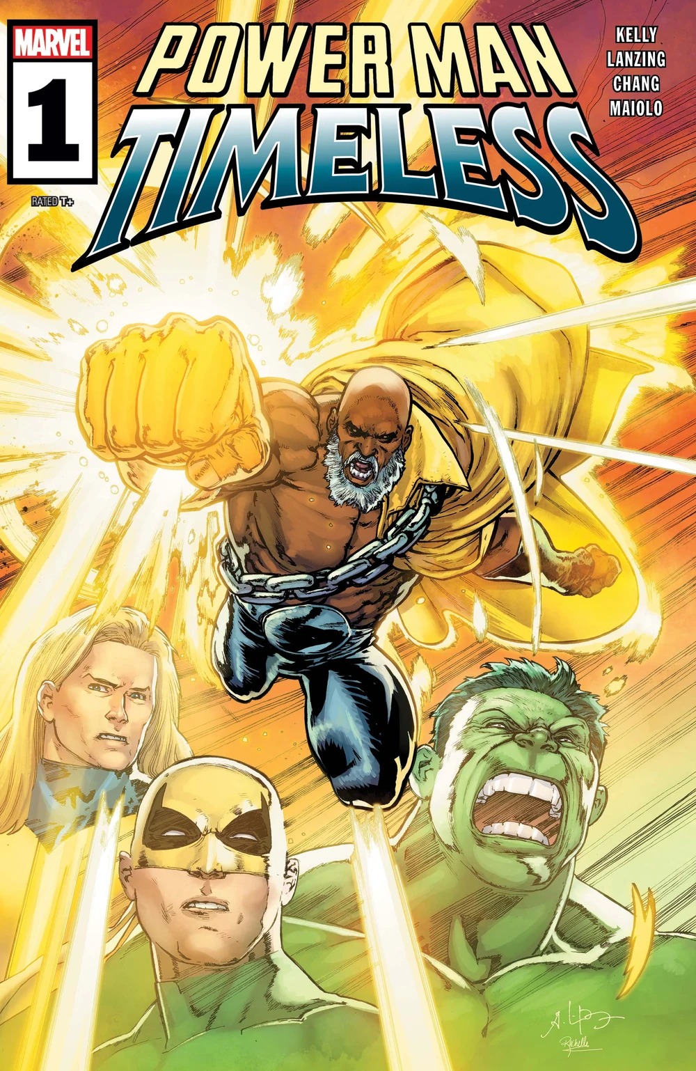 Portada de Power Man: Timeless en la que vemos en el centro a un Cage anciano -calvo y con barba, pero la barba es blanca- que parece estar usando el Puño de Hierro. Lleva una especie de camisa/ sábana amarilla y pantalones negros, y una cadena a su alrededor. En la parte inferior vemos las cabezas voladoras de Sentry, iron fist y Hulk. DE fondo solo hay rayitas y efectos cinéticos. Lo cierto es que parece una mezcla de dibujo figurativo superheróico con puntos noventeros y manga. Así salen luego, cómic-fusión.
