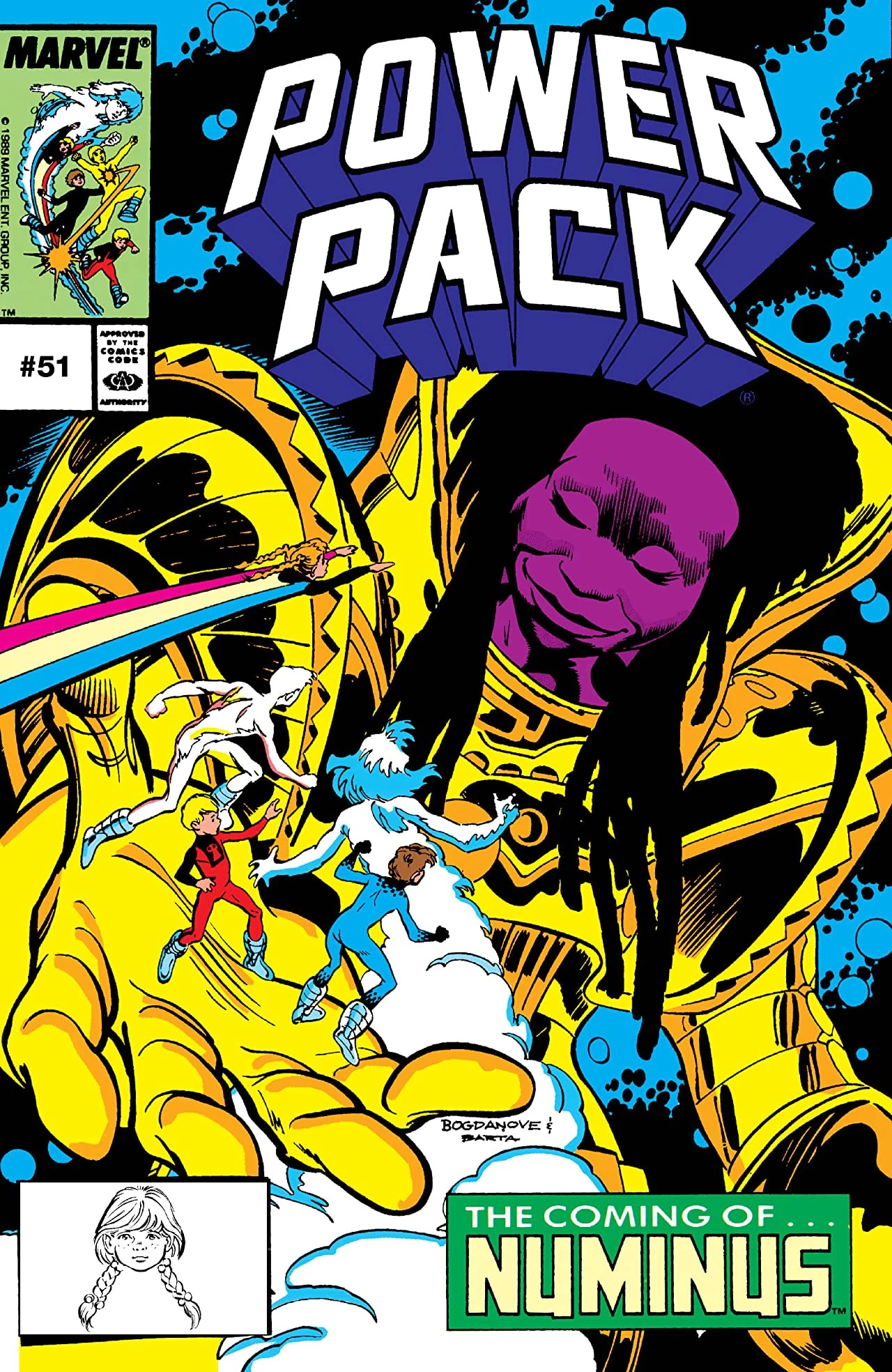 Portada de Power Pack 51 en la que vemos a los 5 Power Pack -es decir, los cuatro hermanos y Franklin- encontrándose frente a una enorme criatura celestial con armadura dorada y piel morada que, por algún motivo, se parece a esa cantinera de Star Trek, Guinan.