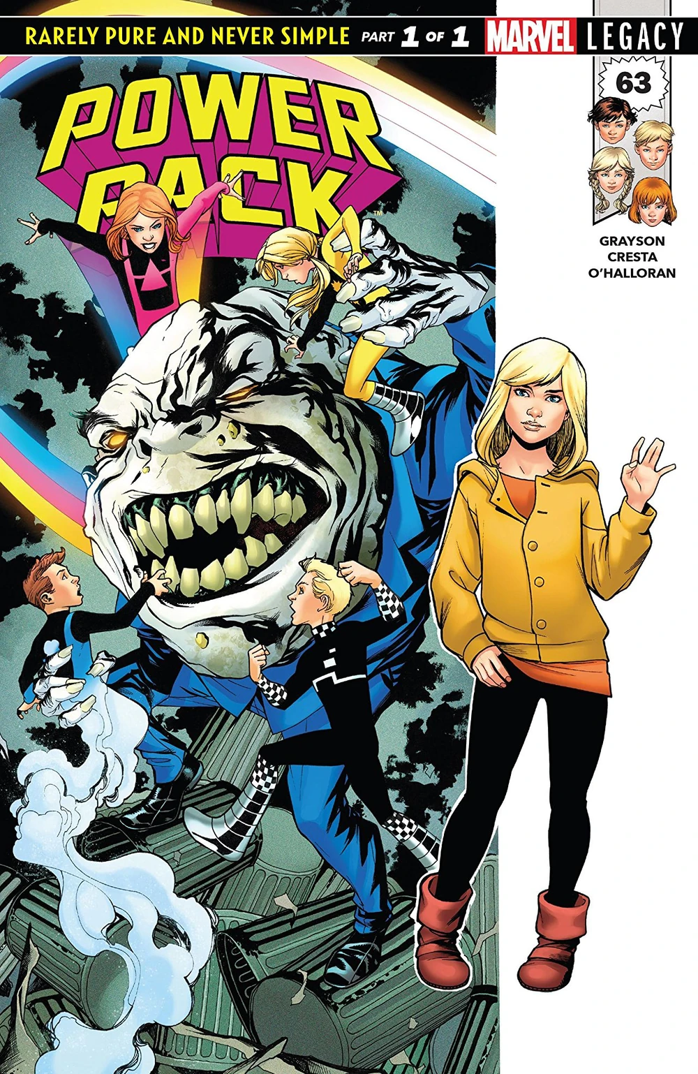 Portada de Power Pack 63 volumen 4 en la que vemos a la izquierda a los cuatro Power Pack combatiendo contra un viejo enemigo, Bogeyman, a la derecha está una de ellas, Katie, saludando.