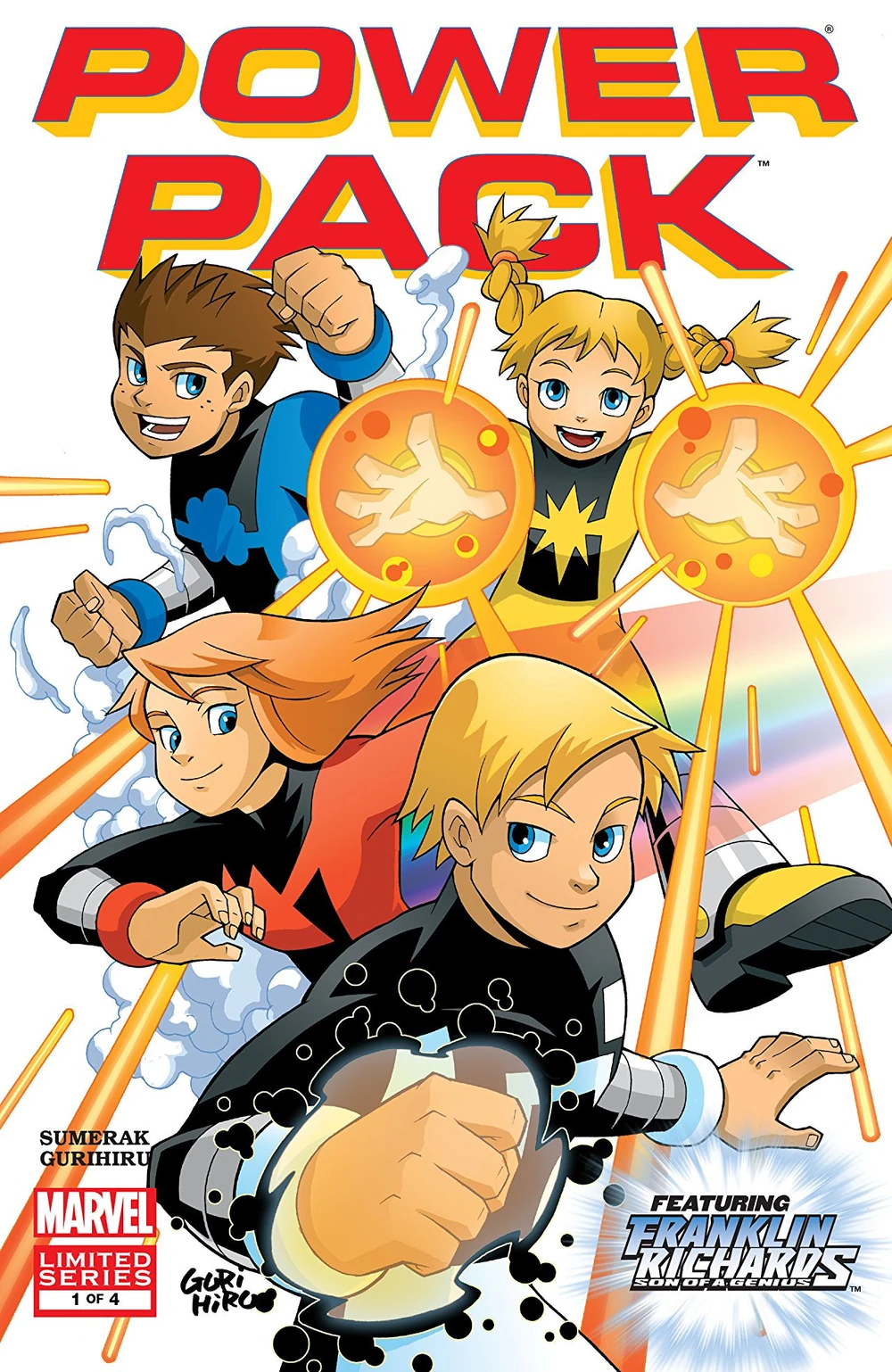 Portada de Power Pack 1 volumen 3 en la que vemos con un estilo de dibujo que hace que los niños parezcan niños a los Power Pack demostrando sus poderes y estando en formación sobre un fondo blanco.