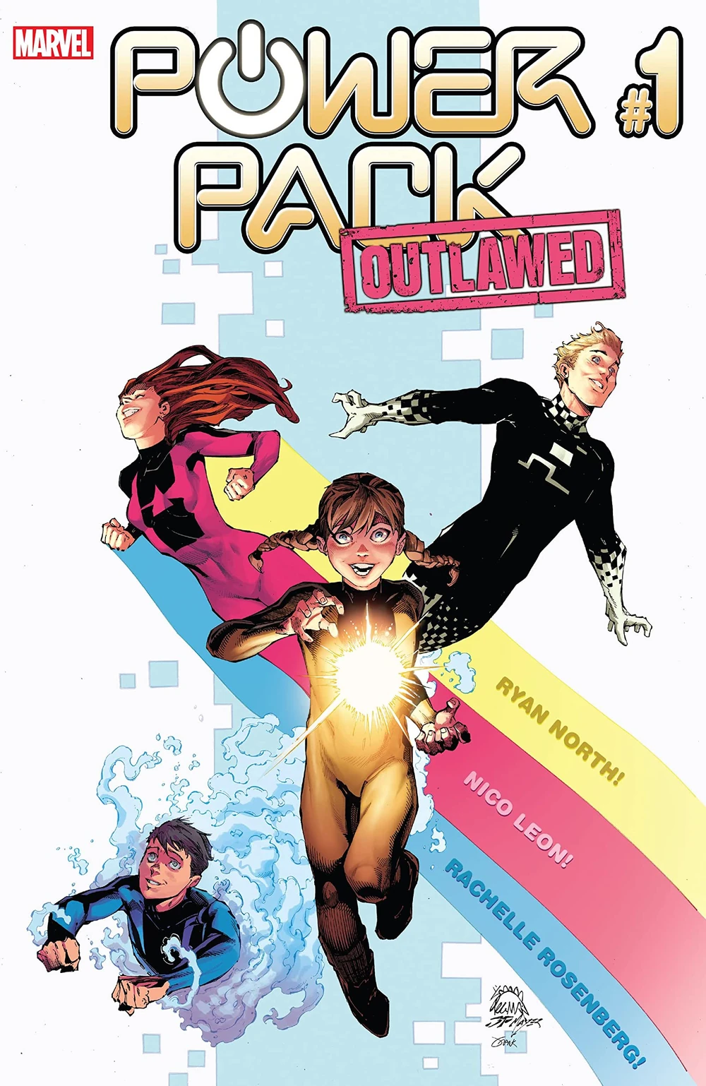 Portada de Power Pack 1 volumen 5 en la que vemos a los cuatro Power Pack demostrando sus poderes en un dibujo de alguien que muy claramente no sabe dibujar niños. Salvo que sean niños con un aspecto entre lo noventero y lo inquietante.