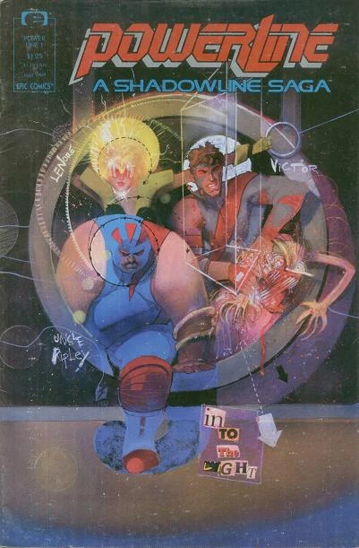 Portada de Powerline en la que vemos  tres tipos vestidos de superhéroes tratando de entrar por una puerta circular, con un estilo propio de Sienkiewicz.