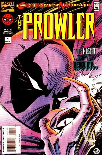 Portada de The Prowler en la que vemos que sobre el nombre pone Creatures of the Night. Hay un primer plano del Prowler mostrando la capucha violeta con el dibujo de los ojos y, en el centro, otro dibujo blanco, también vemos la capa morada y las manos que son metálicas, puntiagudas y como con sierras por dentro. Una decisión. Noventera, pero decisión.