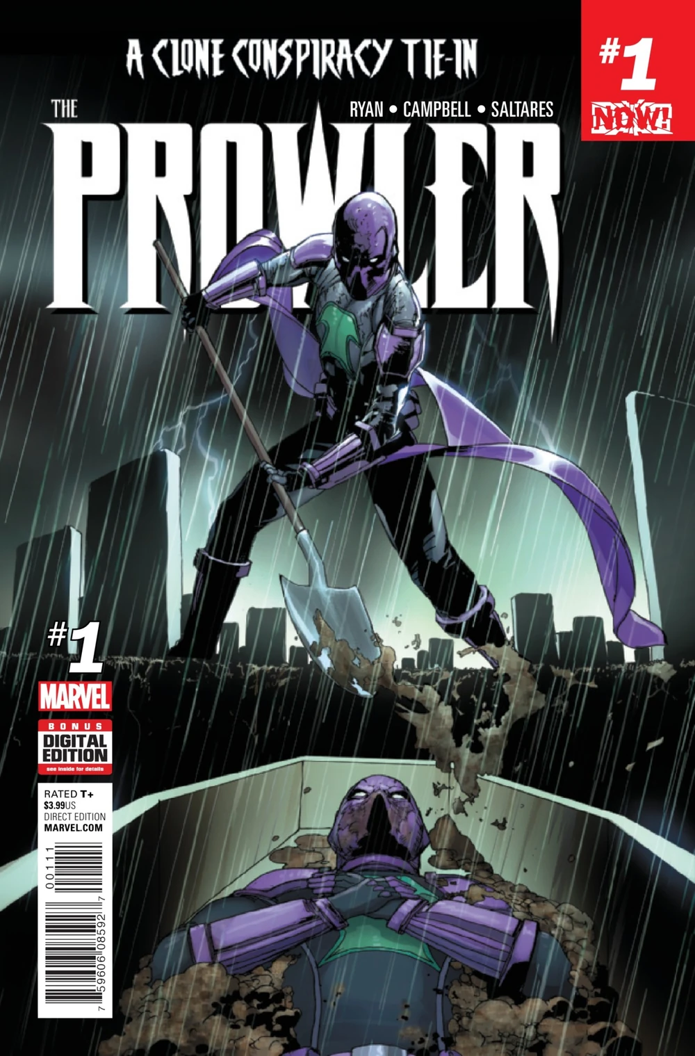 Portada de The Prowler 1 volumen 2 en la que vemos a un Prowler en versión más dosmisdosmilera, ya sin garras y con menos capa, que entre la tormenta está enterrando un ataúd dentro del que está Prowler también, con las lápidas detrás.