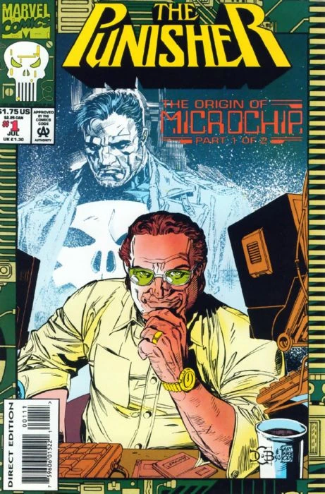 Portada de The Punisher: The Origin of Microchip en la que vemos de fondo una imagen de Punisher como si estuviera en la calle lloviéndole, delante está Microchip, un señor blando de mediana edad  con gafas verdes, un reloj dorado, un anillo y una camisa amarillenta, está entre ordenadores y pantallas, a su alrededor emos un borde como si esto fuera un chip en una placa. Ah, sí, Microchip está poniendo cara de interesante con una mano en su mentón que no sabes si es que va a publicar un thriller de ciencia ficción y necesita foto para la solapa o si es que ha inventado el Tínder.