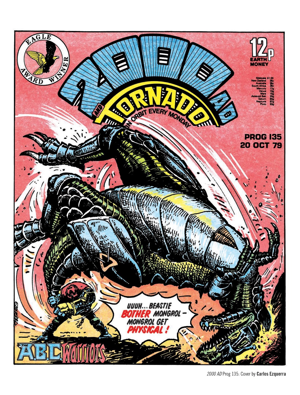 Portada de 2000AD 135 del 20 de octubre de 1979. En ella vemos a Mongrol de los ABC Warriors, luchando contra Golgotha. El clon robótico de Satanus.