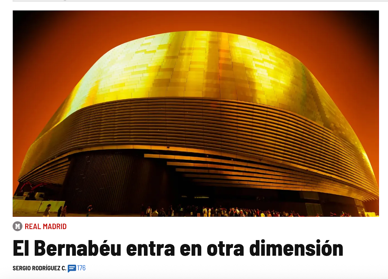 Imagen en la que vemos una cúpula, con forma de casco y mucha rayita, detrás de él hay una luminiscencia rojiza ominosa. Debajo vemos que es un titular del Marca:

Real Madrid

El Bernabéus entra en otra dimensión.