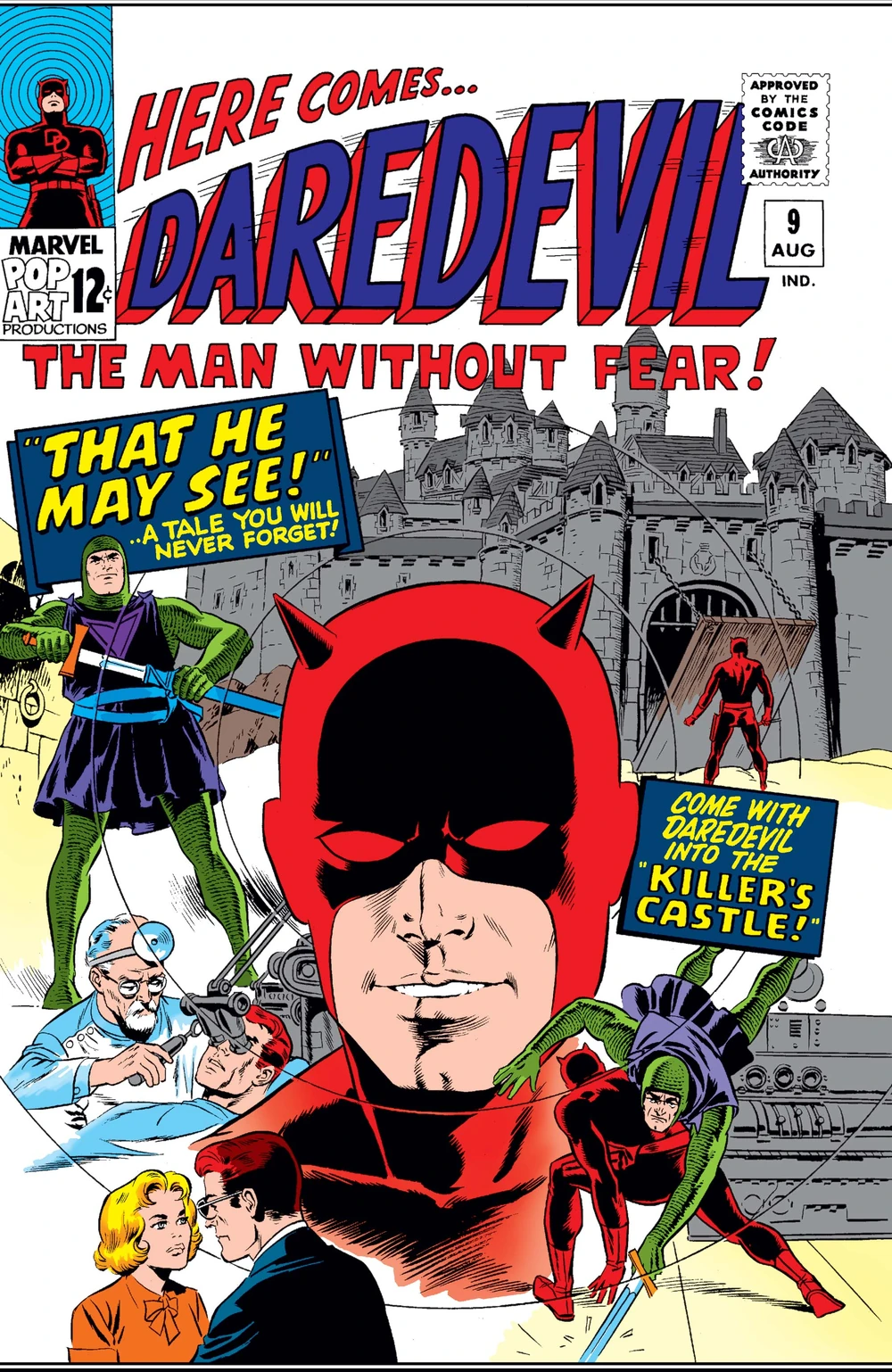 Portada de DareDevil 9, con su traje rojo, el radas visto, y un castillo y unos caballero, y un médico optometrista -mira, yo qué sé- y el titular: THAT HE MAY SEE!