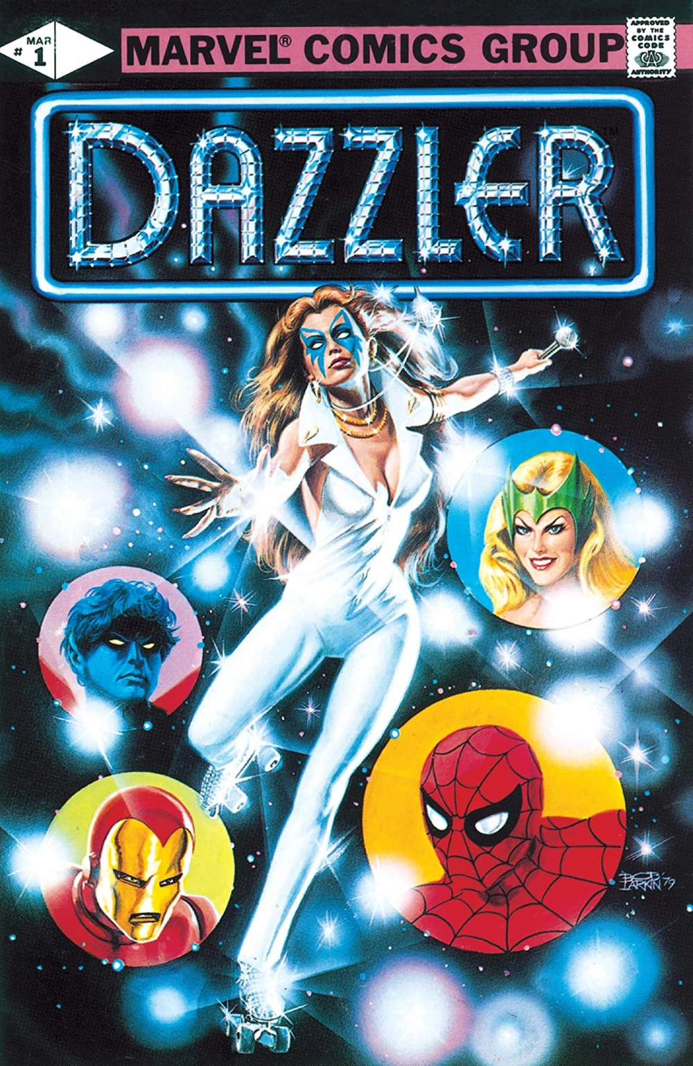 Portada de Dazzler. Rodeada de varios héroes y villanos de DC.  Está en una especie de universo, patinando mientras brilla, y con un micrófono en la mano.