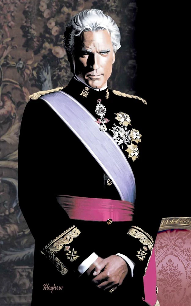 Ilustración en la que vemos a Magneto con el traje de gala de una monarquía europea tan claramente copiado que se le está poniendo cara de querer matar a su hermano.