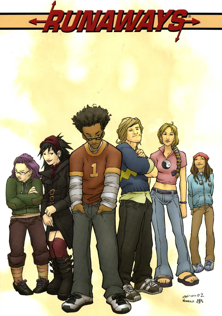 Portada de Runaways en la que se ve a una serie de adolescentes diversos pero poco por la labor y, claramente, no muy interesados. ¡Se creó para ese público!