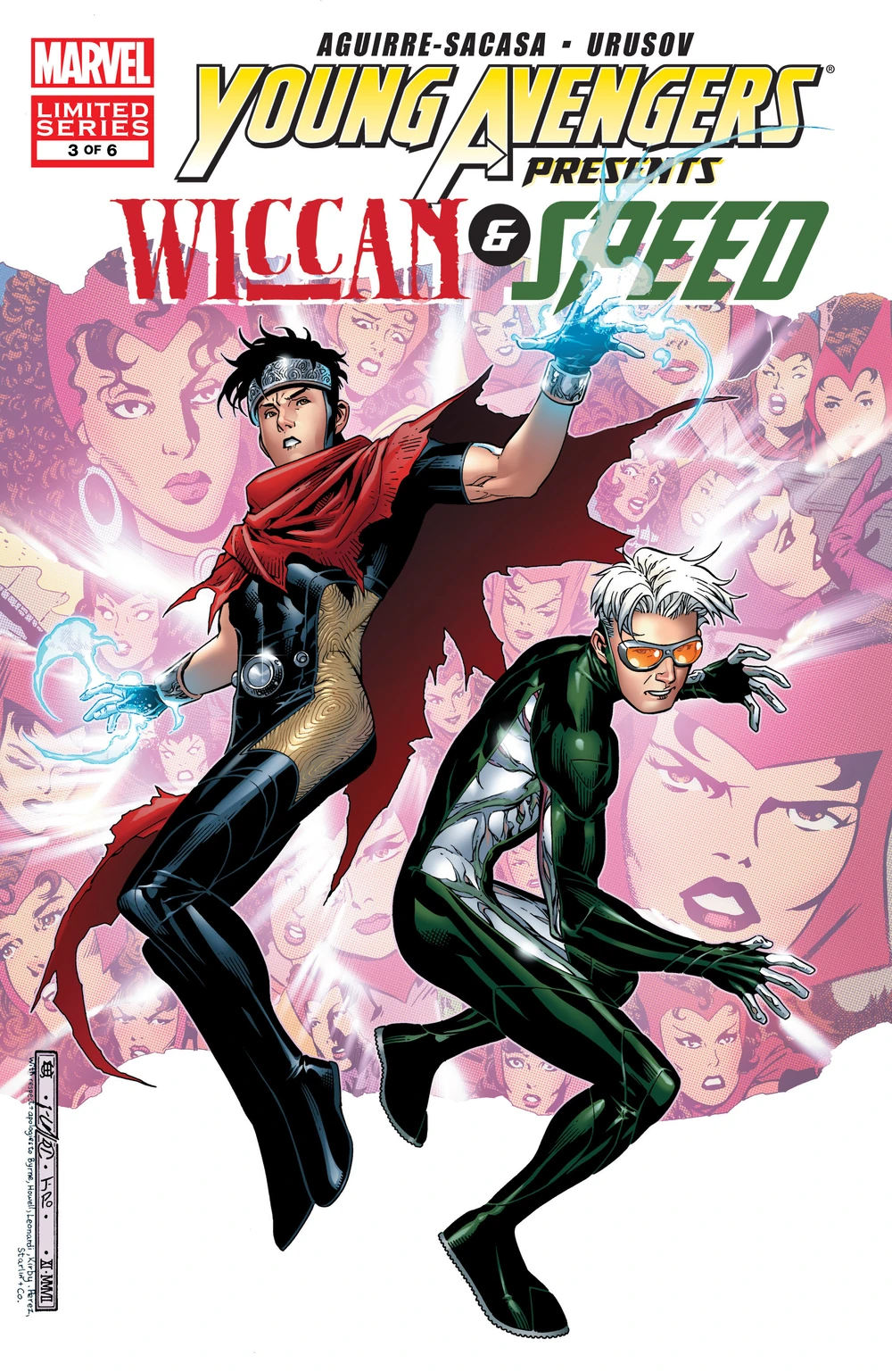 Portada de Young Avengers presents Wiccan & Speed en la que vemos un fondo de distintos dibujos de la bruja escarlata, fracturados y moviéndose, mientras delante están Wiccan y Speed. El segundo más cerca del dibujo de la Bruja de Kirby, porque es más clásico. El mago más cerca de la de George Pérez porque se parece más a Cher.
