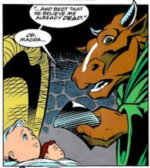 Viñeta en la que vemos a Bova, una vaca antropomórfica, leyendo la nota que una tal Magda ha dejado junto con unos gemelos, un niño de pelo blanco y ojos azules y una joven pelirroja.