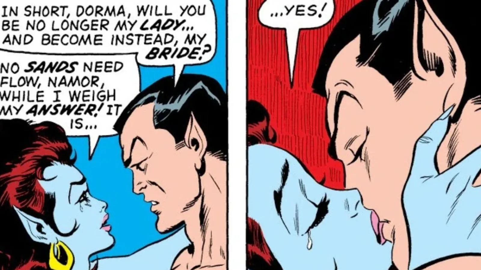Viñetas de Sub-Mariner 33 en la que Namor pide en matrimonio a Dorma aunque sea su prima. Luego les saldrá la piel azul o las orejas de punta y se preguntará cuál es el motivo.