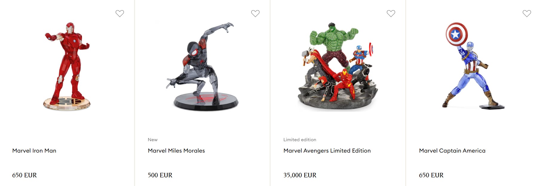 Pantallazo de la web de Swarovski en la que vemos una primera línea en la que se encuentra: Iron Man 650 €, Miles Morales 500 €, Marvel Avengers Limited Edition 35000 €, Captain America 650 €.