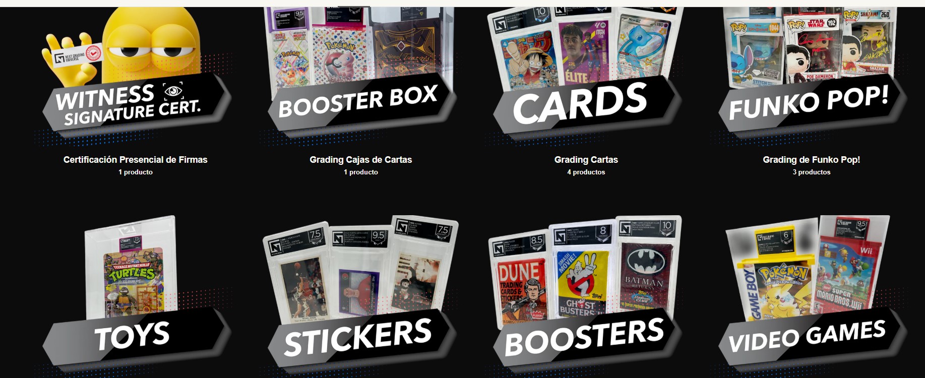Pantallazo en el que vemos una serie de imágenes discutibles sobre las que están las categorías distintas:

Witness Signature Cert. 
Booster Box
Cards
Funko Pop!
Toys
Stickers
Boosters
Video Games