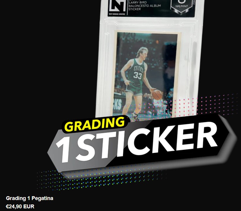 Pantallazo del Grading de 1 Sticker. Aunque lo que se ve parece un cromo de Larry Bird. Pero, vamos, que aunque ponga Pegatina cobran 24,90 €.