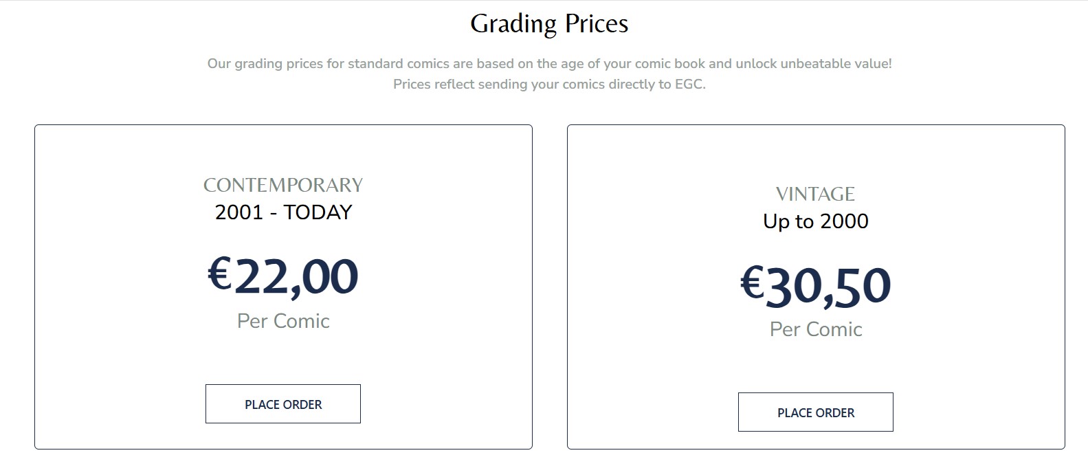 Pantallazo en el que leemos: Grading Prices.

Comics de 2001 a Today 22 €, 

Cómics Vintage de hasta el 2000... 30,50 €.