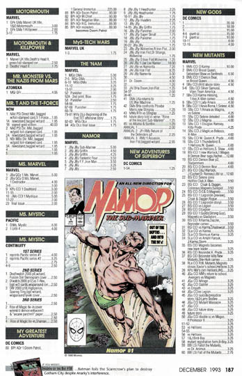 Página de la Wizard con la cotización de distintos cómics que muestra un listado de cómics por título o personaje, incluyendo la portada del número 1 de la colección de 1993 de Namor.