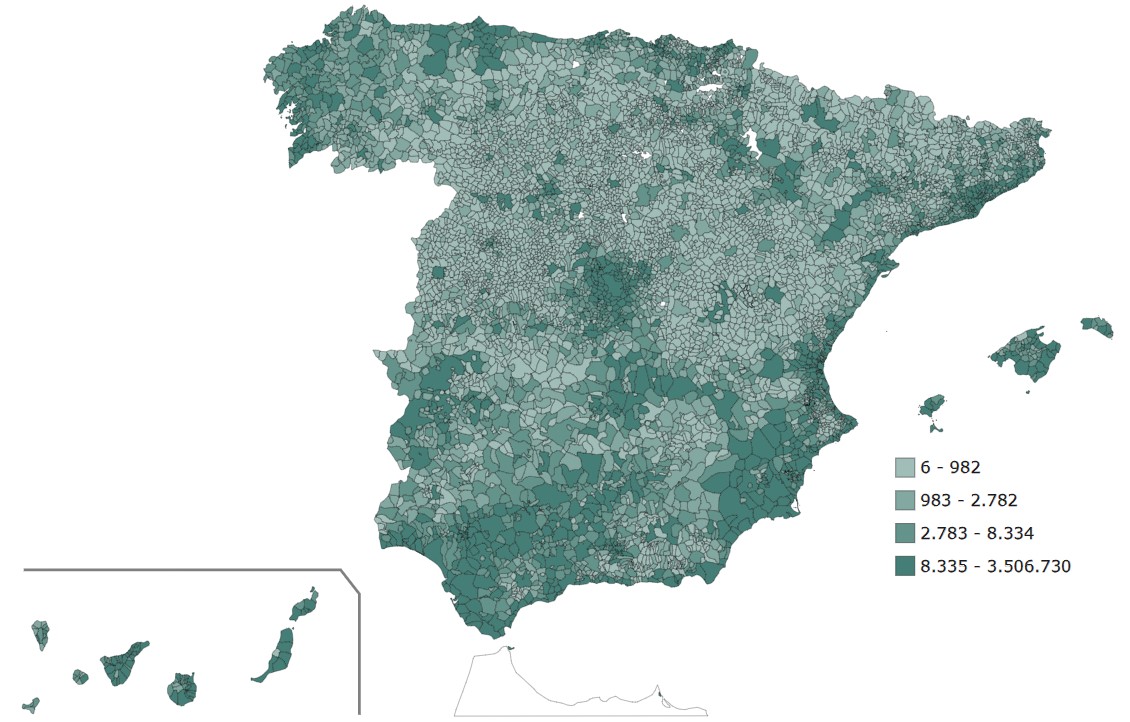 Mapa del INE en el que vemos España con distintas localidades cada una con un color dependiendo del número de habitantes. A la derecha vemos que las cuatro opciones son de 6 a 982, de 983 a 2782, de 2783 a 8334 y de 8335 a 3506730. Las dos primeras opciones ocupan la mayor parte de España, sobre todo las zonas del interior. Vamos, que hay muchas localidades de menos de 2783 habitantes.