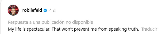 Pantallazo de ROB! en Threads en el que dic: 

My life is spectacular. That won't prevent me from speaking truth.